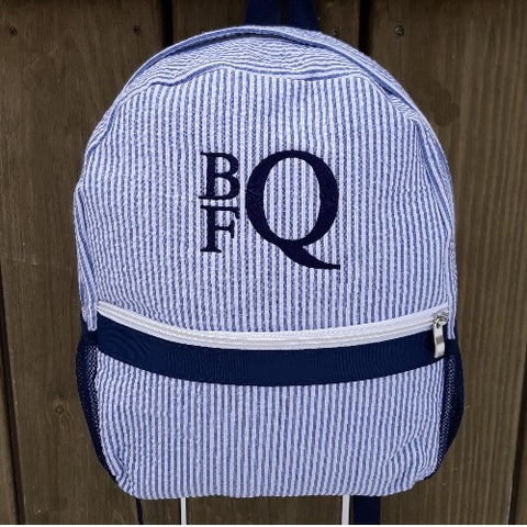 navy seersucker backpack with navy monogram for child
