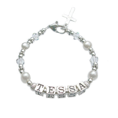 crystal & pearl name bracelet for child