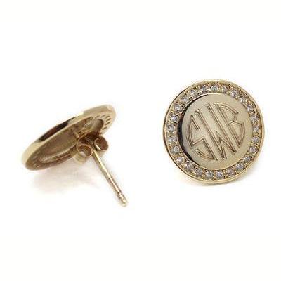 Gold Plated Sterling Silver Round Monogrammed Earrings with CZ