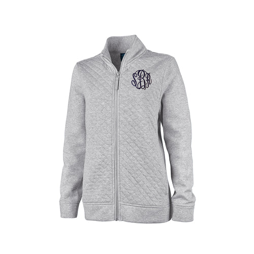 full zip quilted sweatshirt with monogram