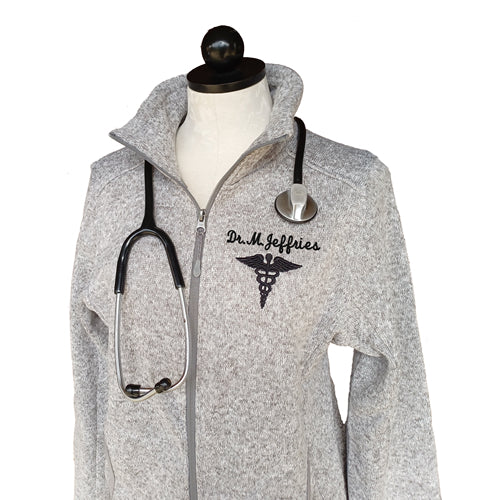 personalized doctor jacket, dr jacket with name, knit sweater jacket for doctor, personalized md jacket, jacket to wear over scrubs