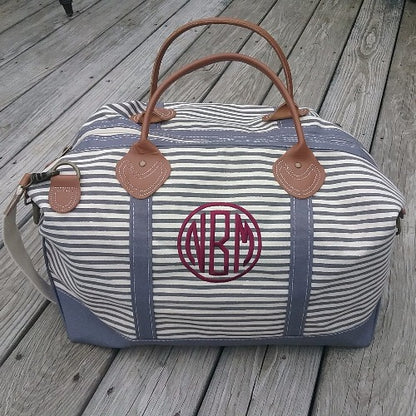 gray stripe weekender bag with crimson monogram