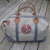 gray stripe weekender bag with crimson monogram