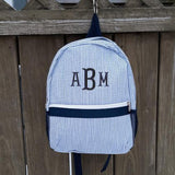 navy seersucker stripe backpack with monogram perfect for a child