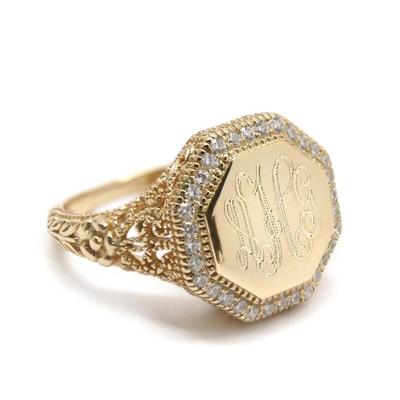 Gold Filled Sterling Silver Engraved Octagon Filigree Ring with CZ
