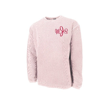 pink corded sweatshirt with embroidered monogram