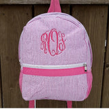 child size pink striped seersucker backpackwith monogram