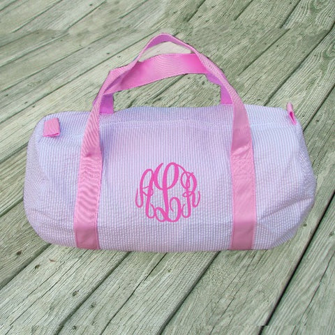 pink seersucker duffle bag with monogram for kids