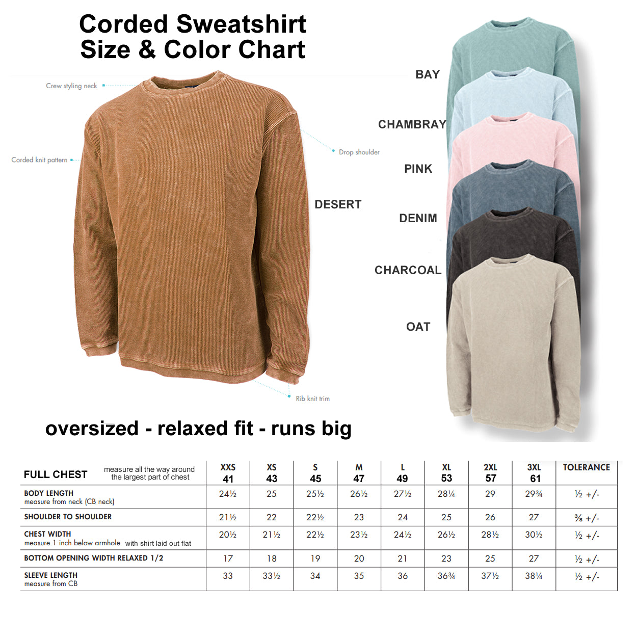 size chart for Camden Crew Sweatshirt