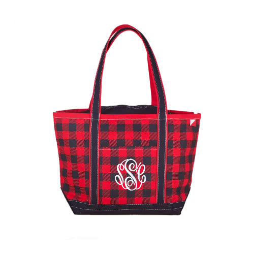 red black buffalo plaid tote bag with monogram