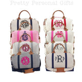 Canvas weekender bags with monograms, weekender travel bags made of canvas and leather handles with a strap and leather and brass accents