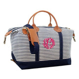 navy striped weekender bag personalized with a 3 letter monogram
